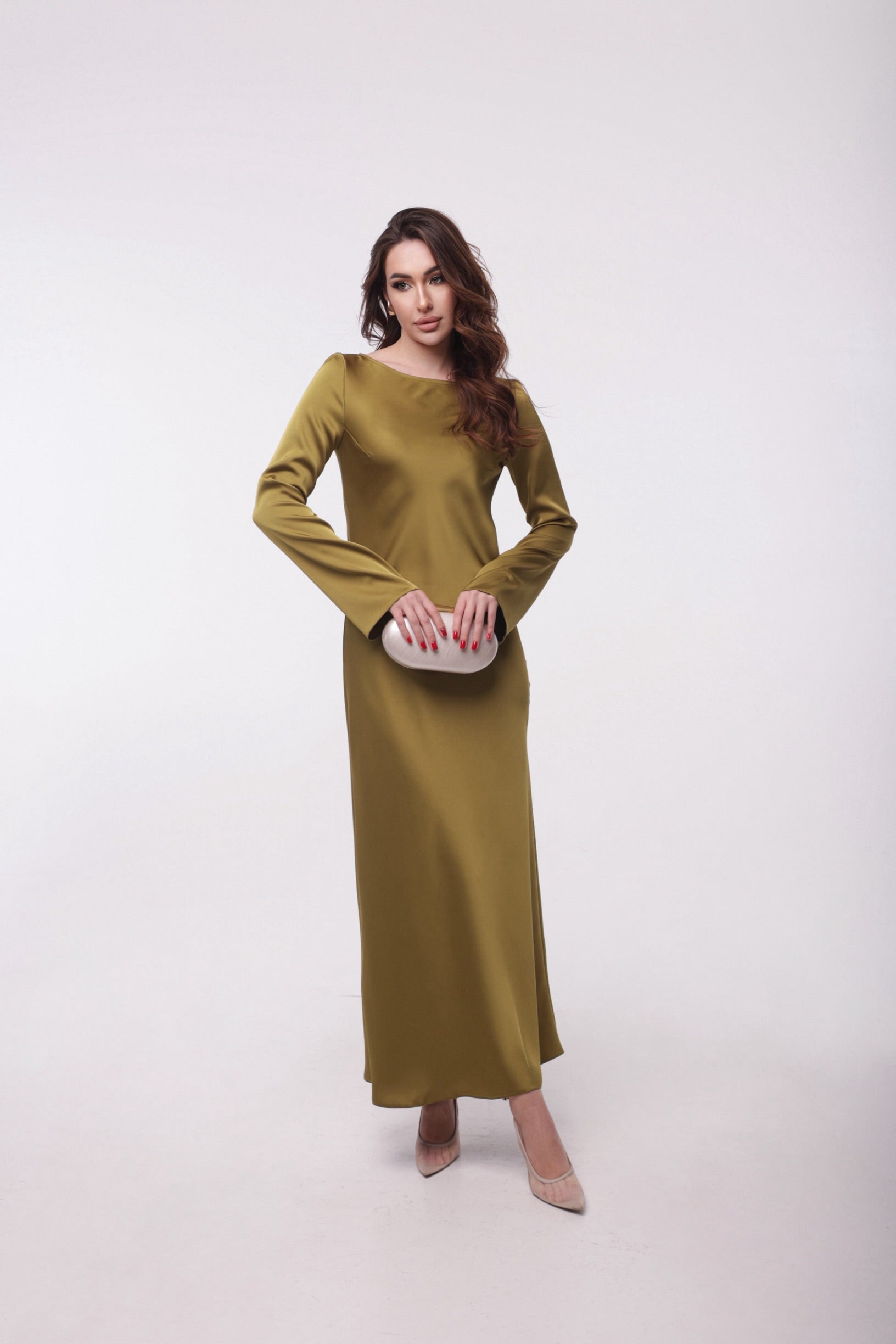 Olive Green Italian Satin Maxi Dress — Long Sleeve • Elegant Evening Dress • Custom Size Available