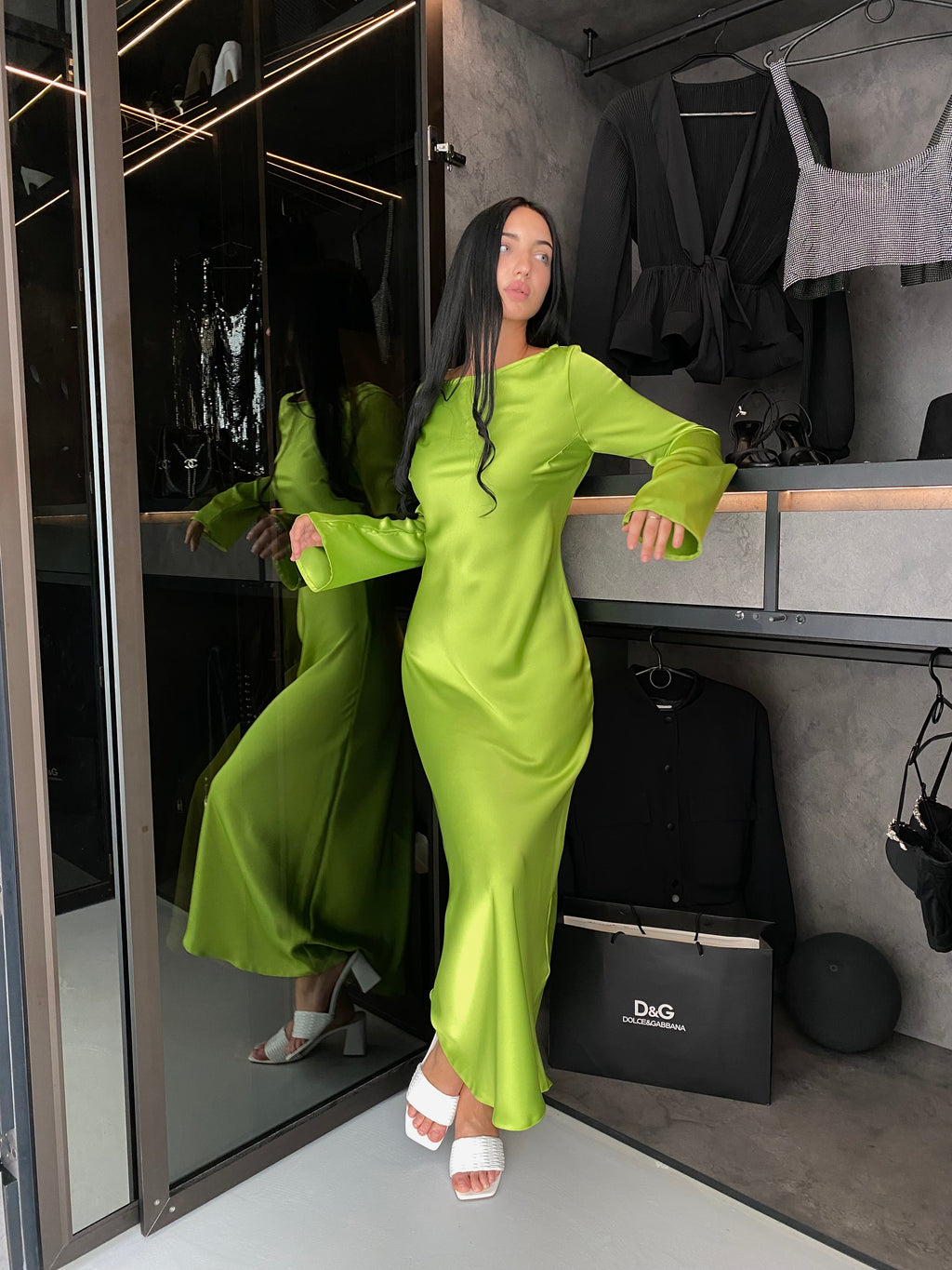 Apple Green Italian Satin Maxi Dress — Long Sleeve Elegant Dress — Custom Size Available | DiGrosu