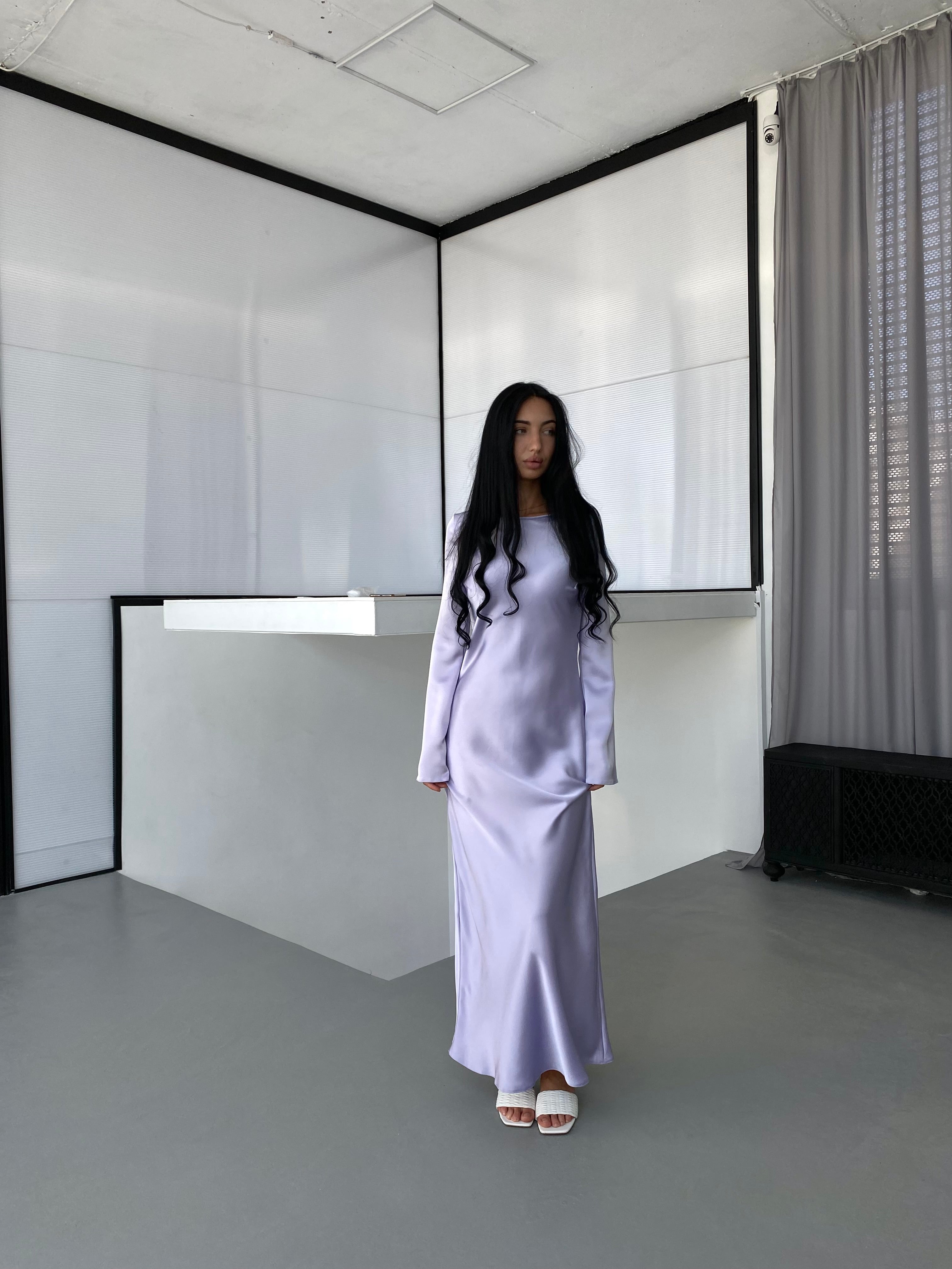 Lavender Italian Satin Maxi Dress — Long Sleeve Elegant Dress — Custom Size Available | DiGrosu