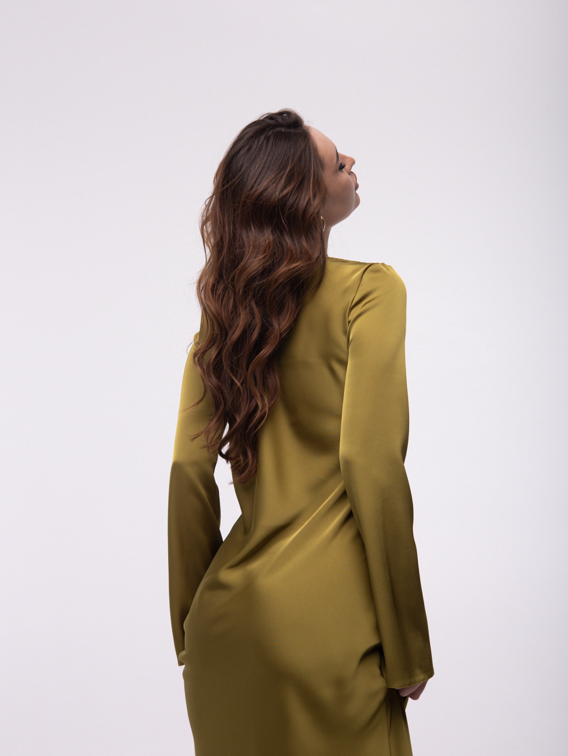 Olive Green Italian Satin Maxi Dress — Long Sleeve • Elegant Evening Dress • Custom Size Available