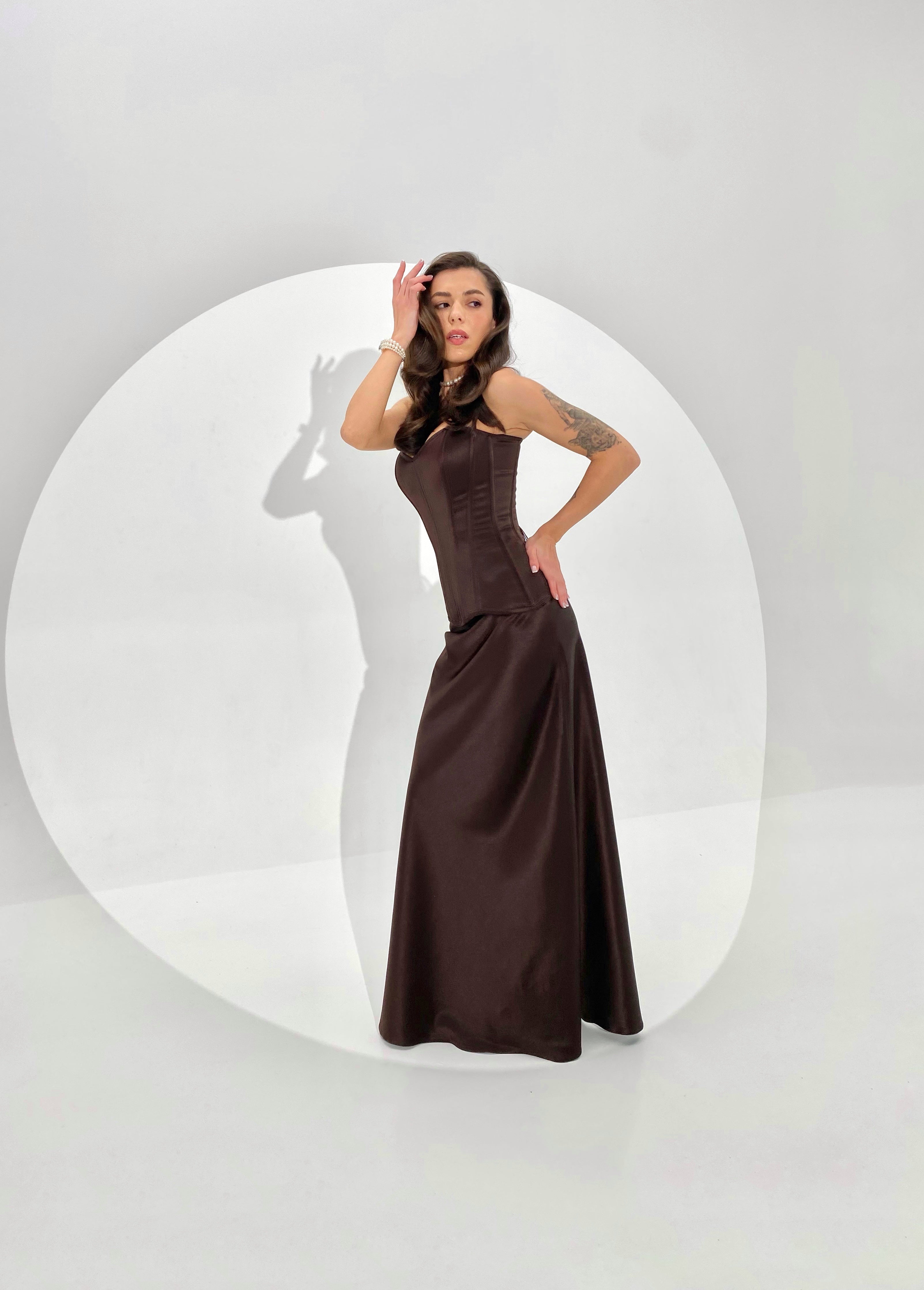 The Power of the Corset Silhouette: Chocolate Brown Satin Maxi Dress