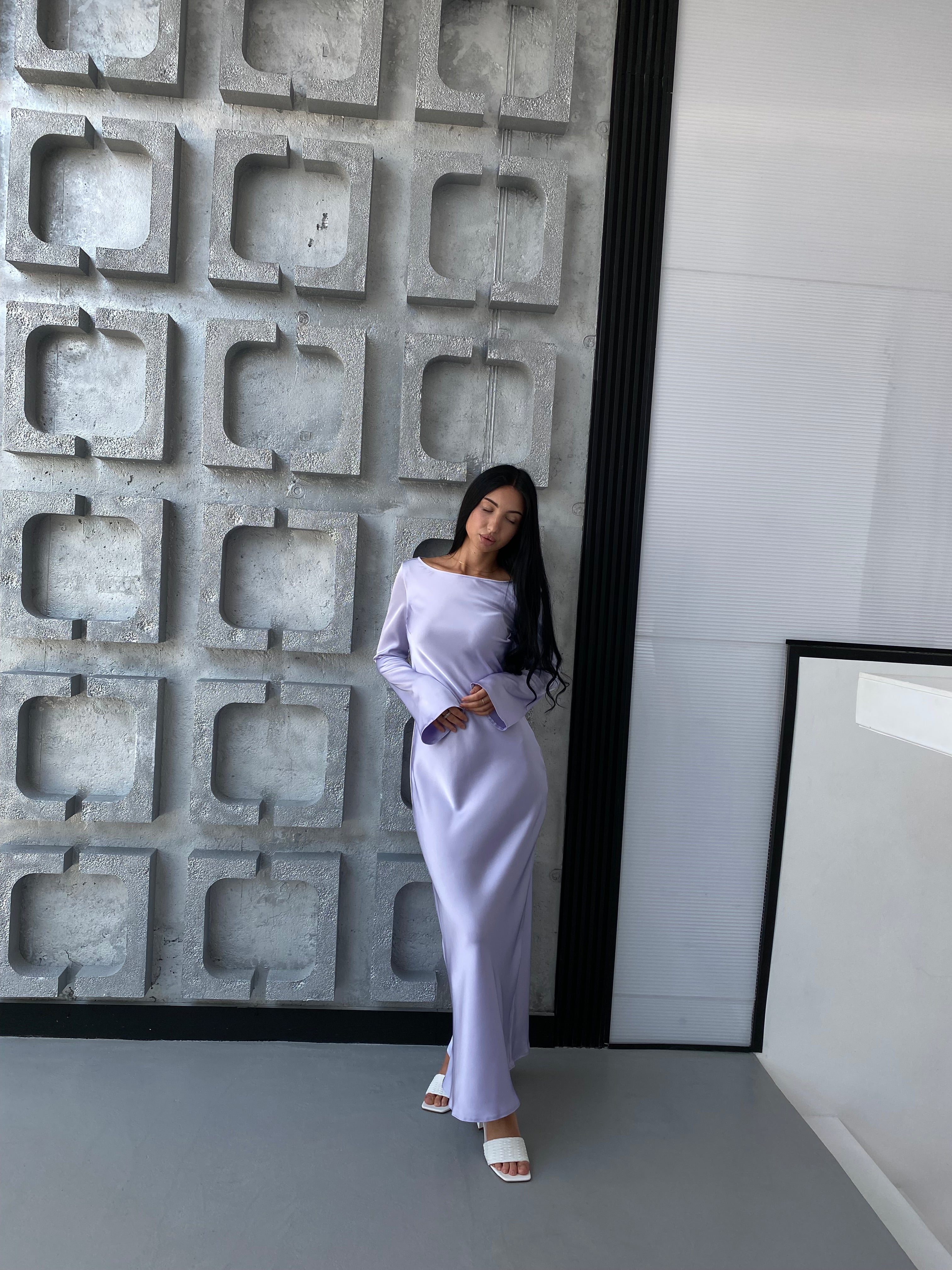 Lavender Italian Satin Maxi Dress — Long Sleeve Elegant Dress — Custom Size Available | DiGrosu