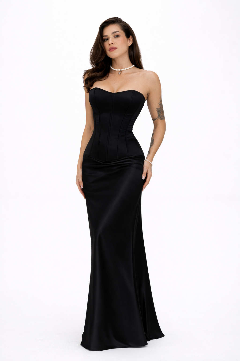 Black Italian Silk Satin Corset & Maxi Skirt Set – Luxury Strapless Evening Two Piece Dress