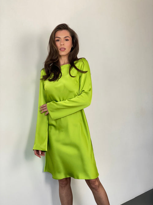 Apple Green Silk Satin Dress — Premium Italian Satin Knee-Length Dress, Elegant Minimalist Long Sleeve Dress
