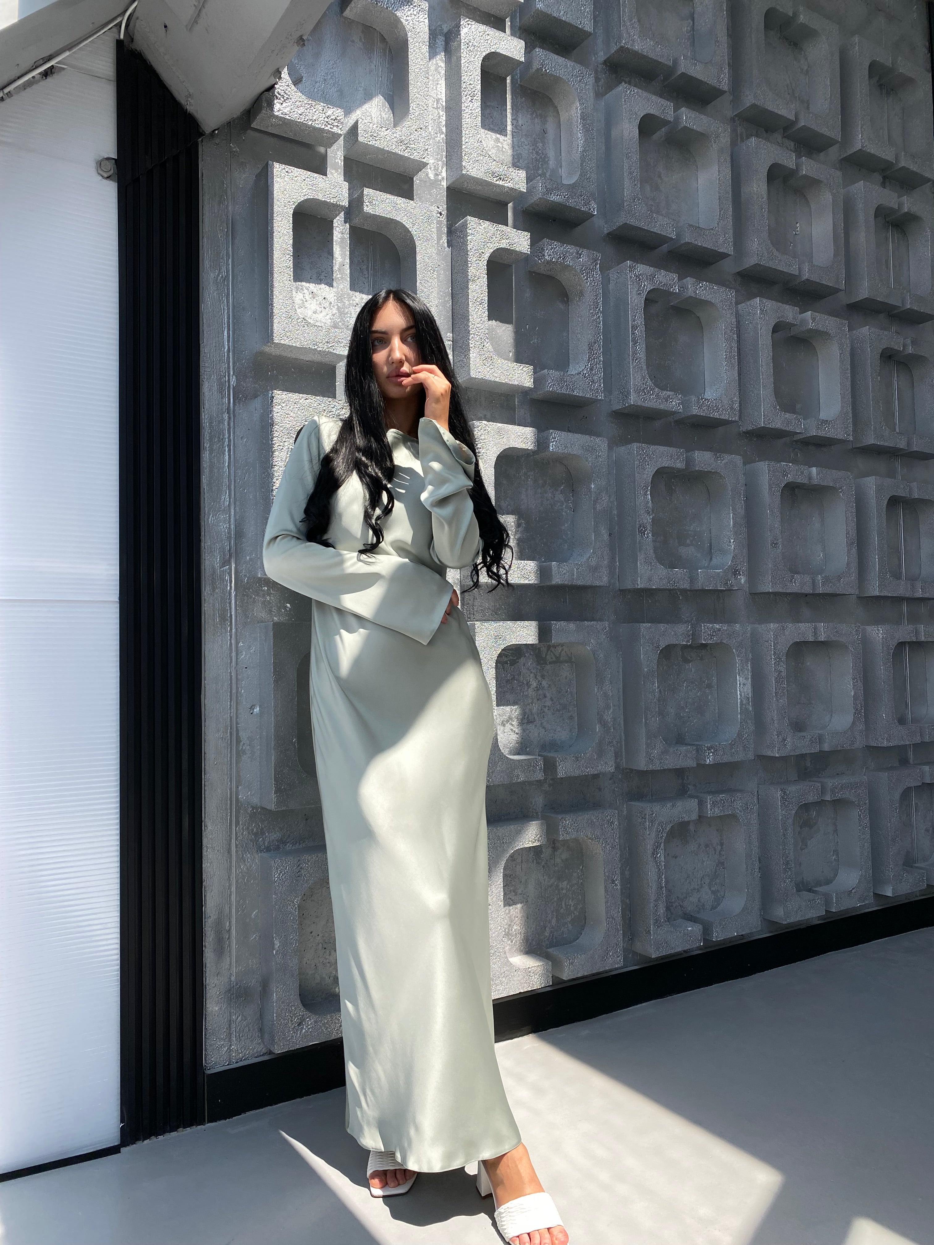 Olive Italian Satin Maxi Dress — Long Sleeve Elegant Evening Dress | DiGrosu