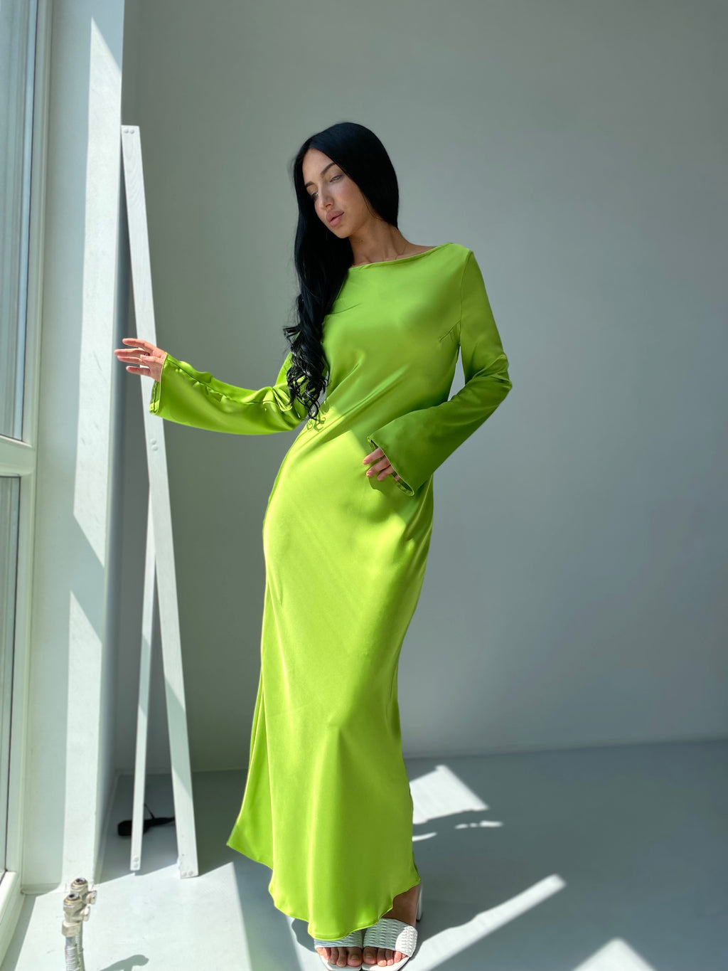 Apple Green Italian Satin Maxi Dress — Long Sleeve Elegant Dress — Custom Size Available | DiGrosu