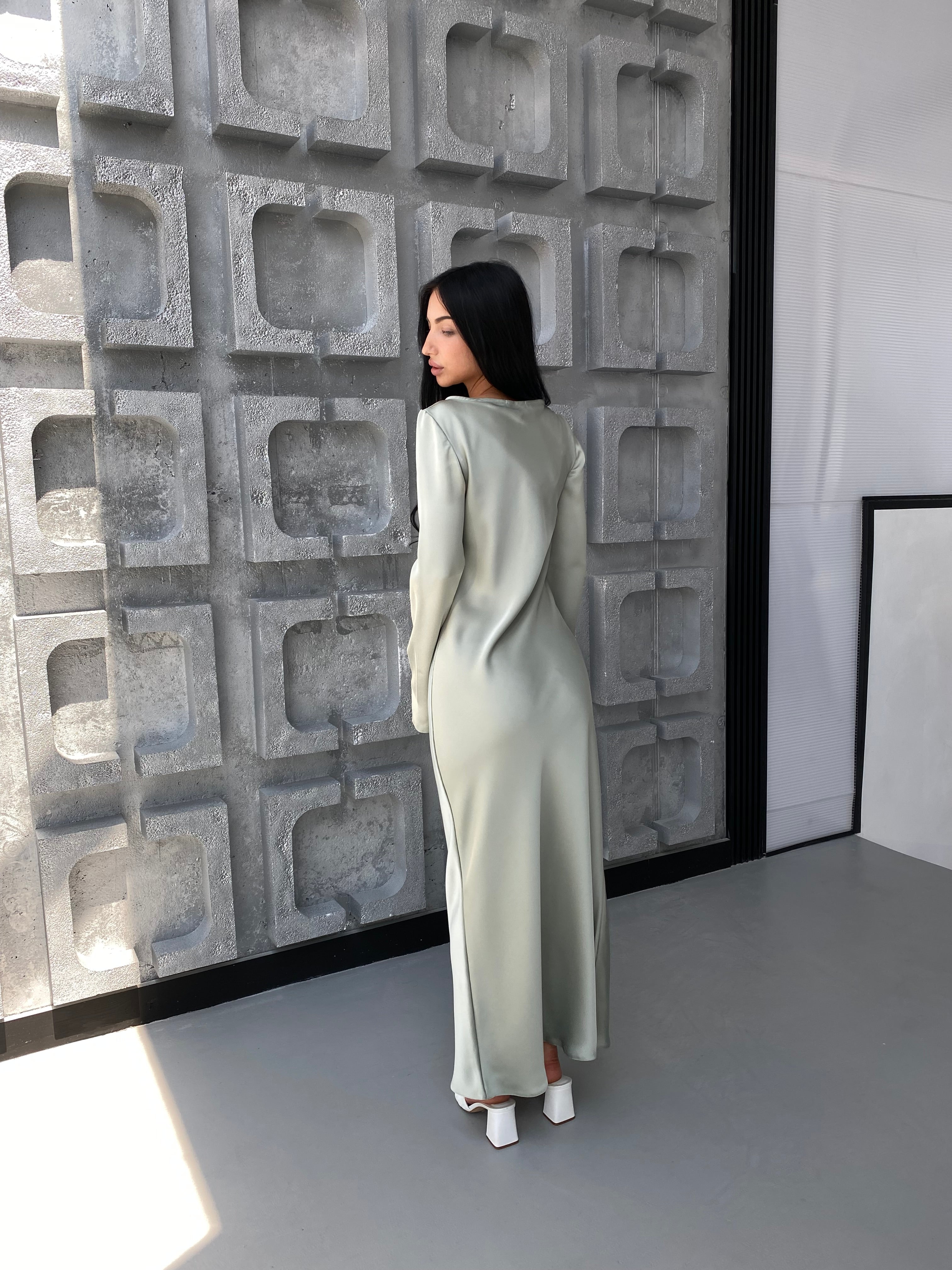 Olive Italian Satin Maxi Dress — Long Sleeve Elegant Evening Dress | DiGrosu