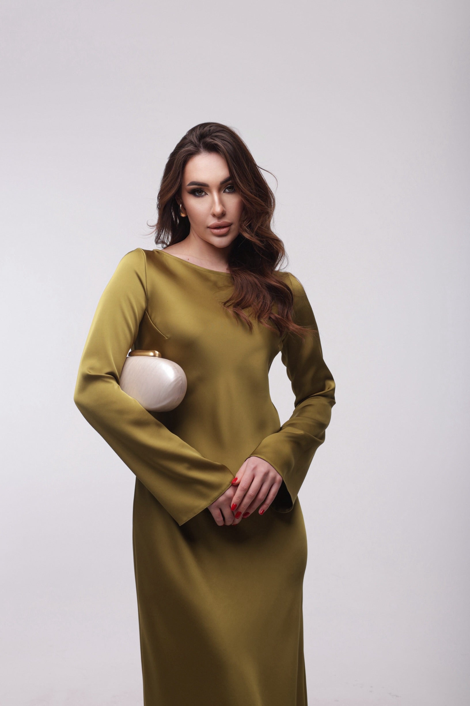 Olive Green Italian Satin Maxi Dress — Long Sleeve • Elegant Evening Dress • Custom Size Available