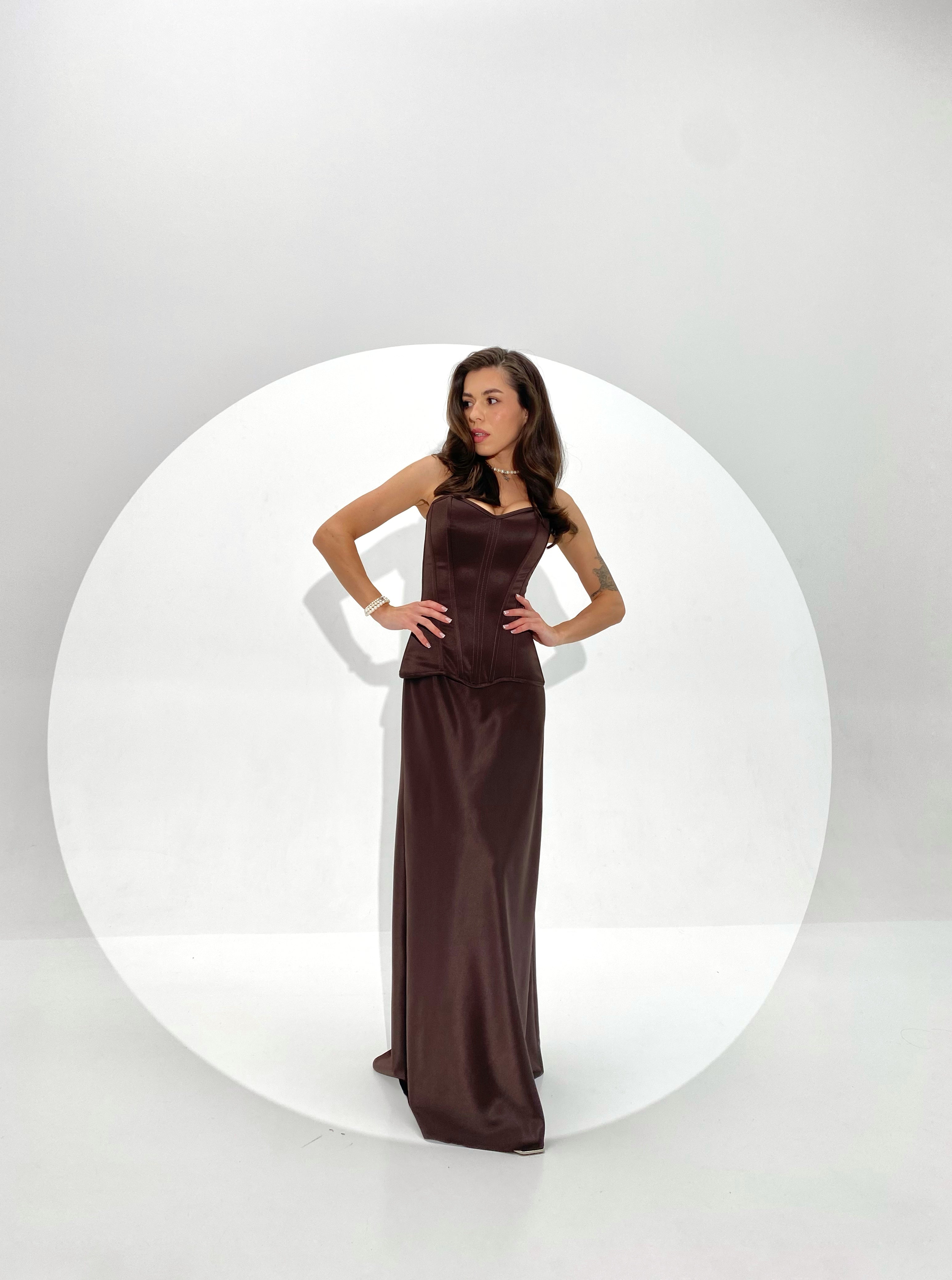 The Power of the Corset Silhouette: Chocolate Brown Satin Maxi Dress