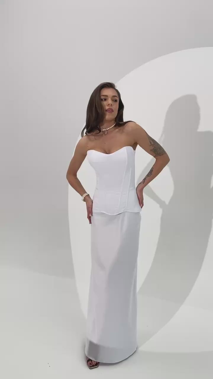 White Italian Silk Satin Corset & Maxi Skirt Set – Luxury Bridal Two Piece Dress