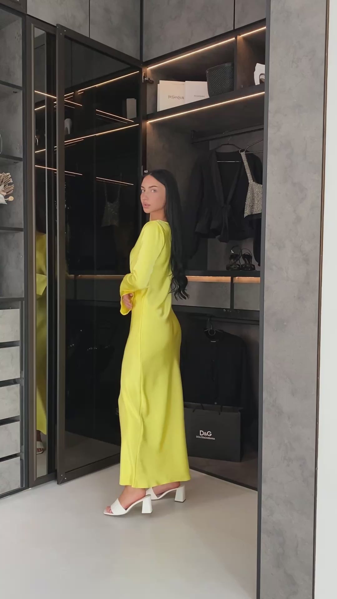 Yellow Italian Satin Maxi Dress — Long Sleeve Elegant Dress | DiGrosu