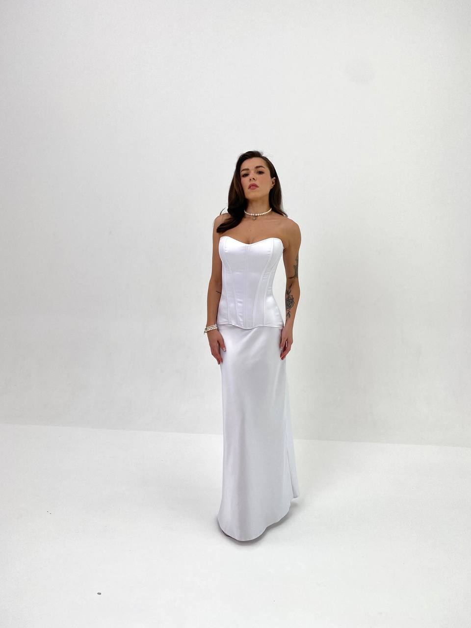 White Italian Silk Satin Corset & Maxi Skirt Set – Luxury Bridal Two Piece Dress