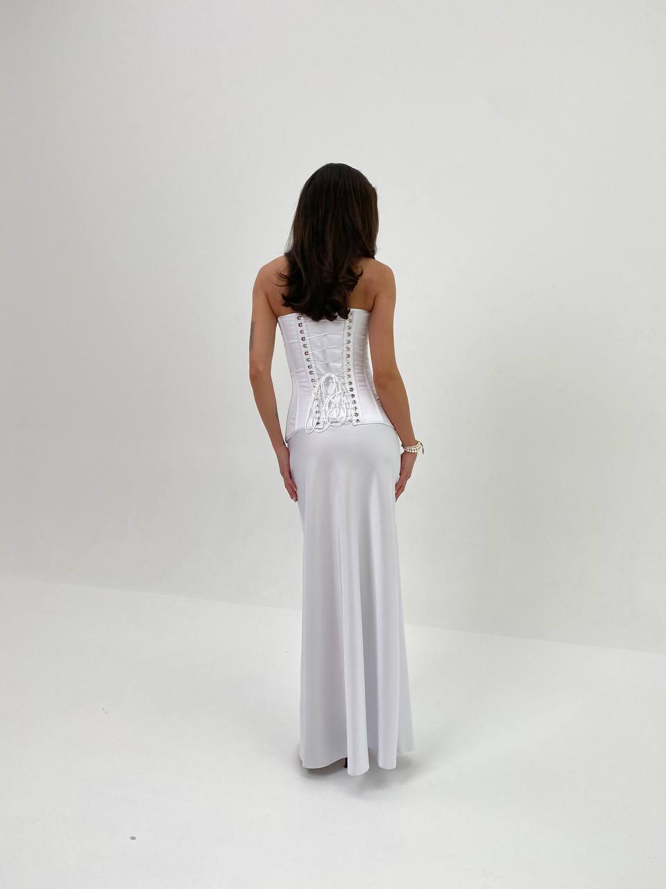 White Italian Silk Satin Corset & Maxi Skirt Set – Luxury Bridal Two Piece Dress