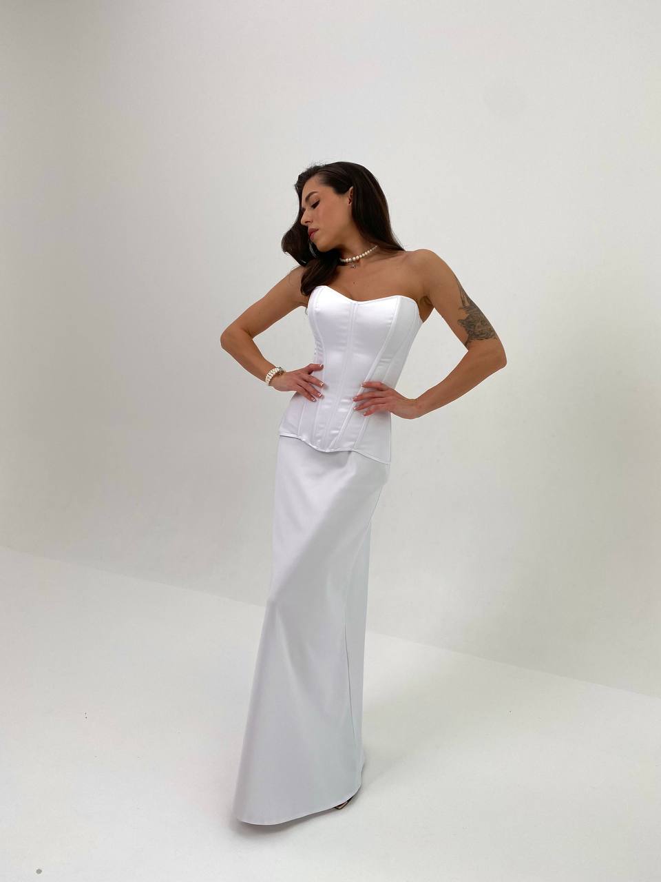White Italian Silk Satin Corset & Maxi Skirt Set – Luxury Bridal Two Piece Dress